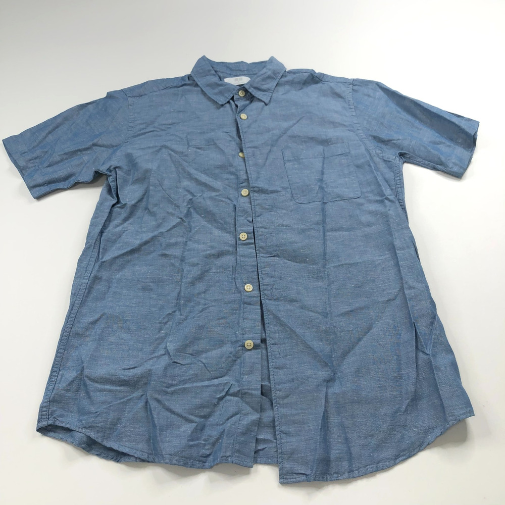Uniqlo Medium Linen Cotton Blend Button Short Sleeve Pocket Collared Shirt Blue